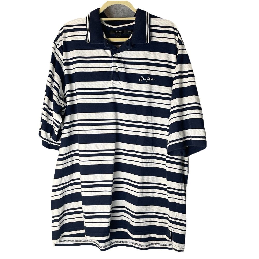 Sean John Shirt Mens XXXL Blue & White Striped Short Sleeve Button Logo FITS 2XL